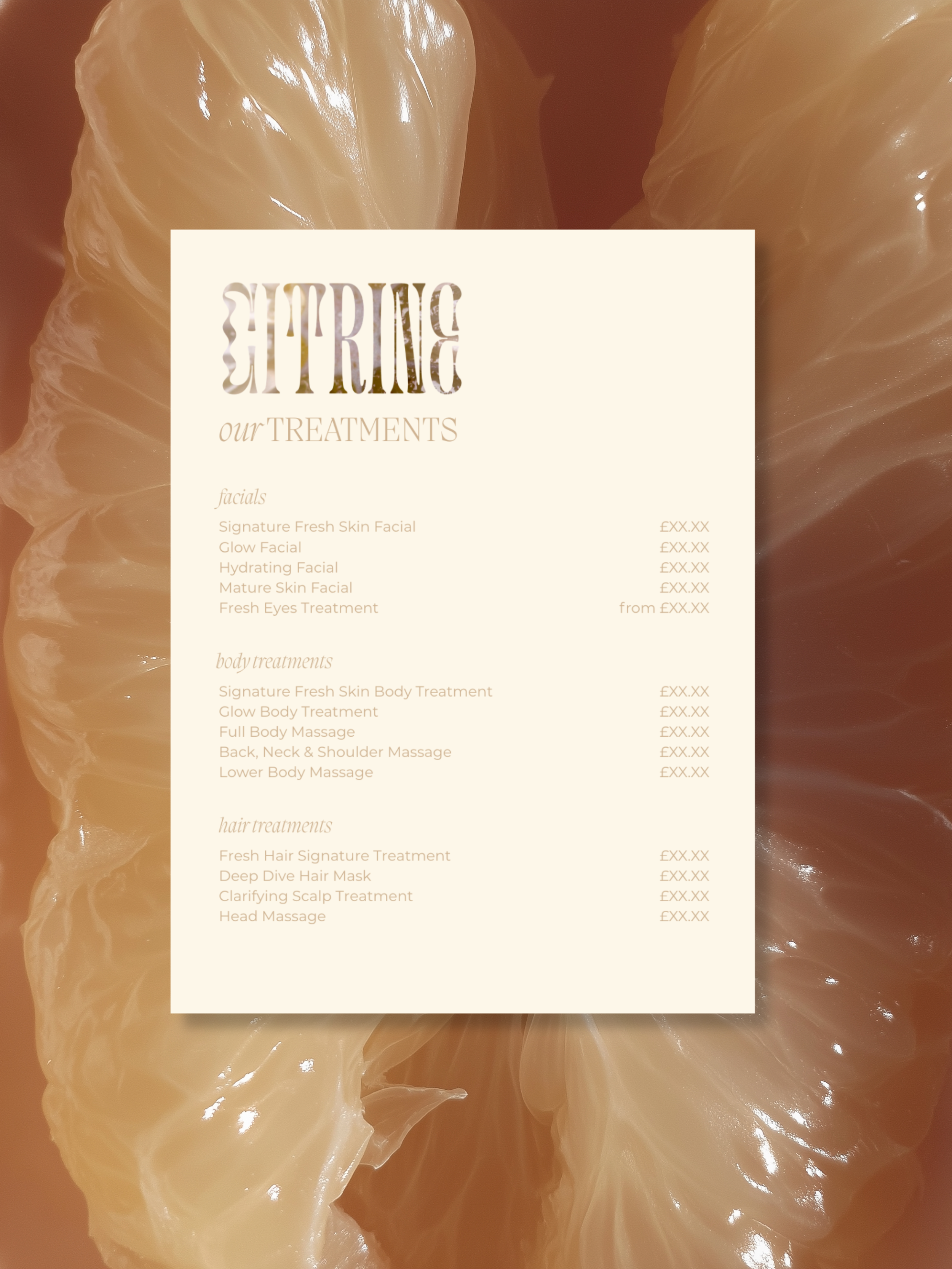 Service menu for Citrine Skincare Studio
