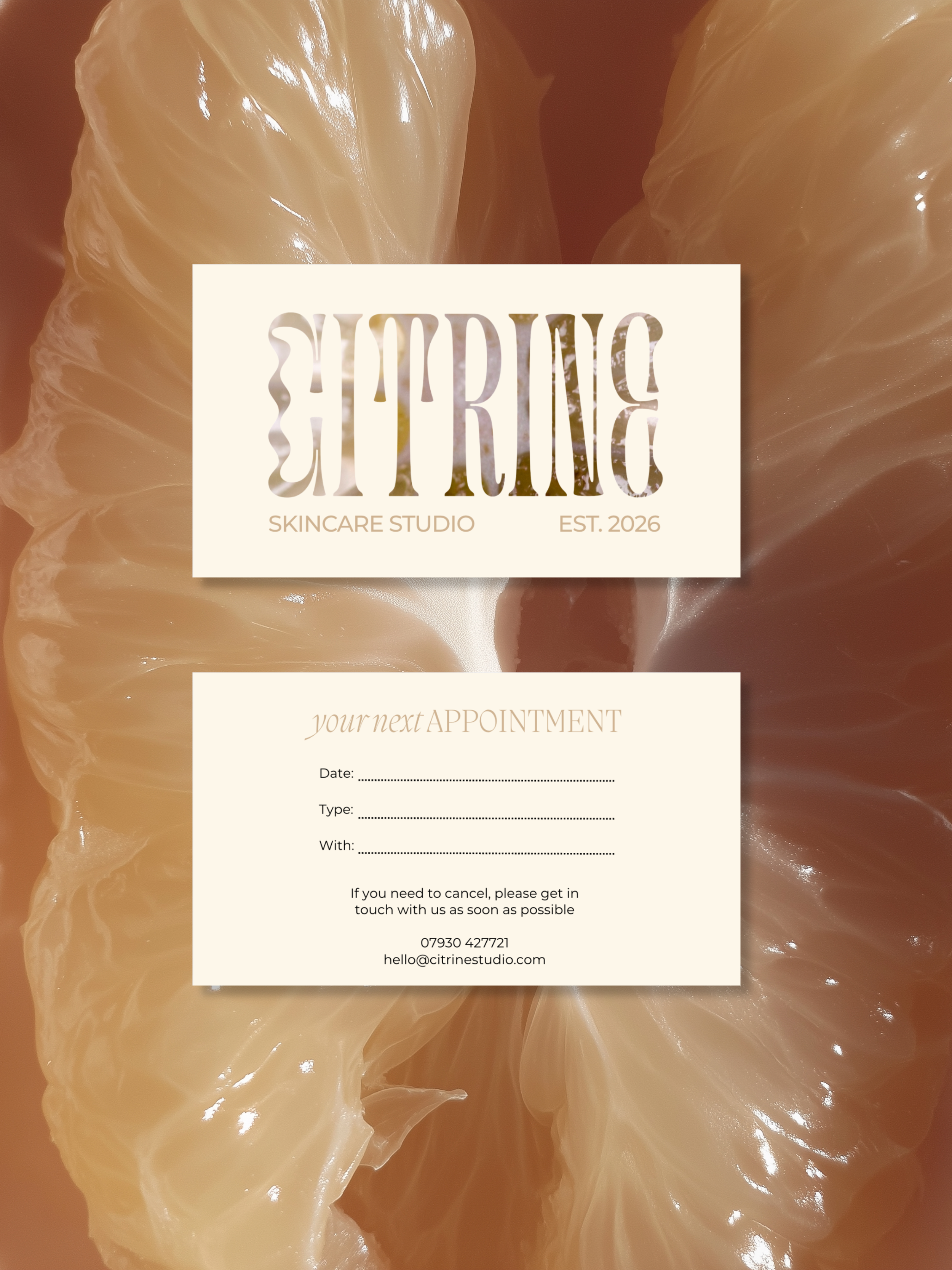 Appointment card design for Citrine Skincare Studio