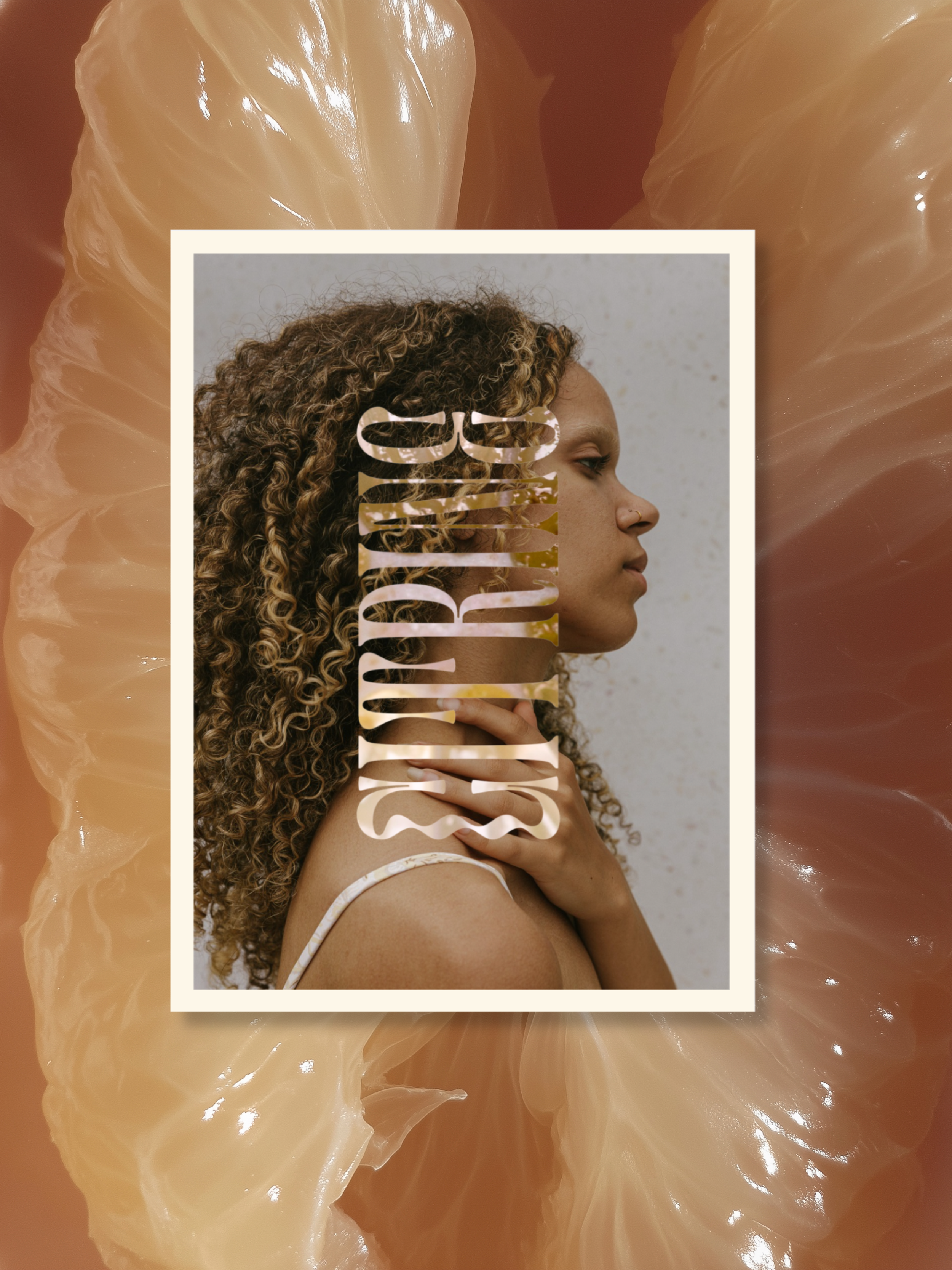 A woman with curly hair and a nose piercing is touching her shoulder, and her face is in profile view. There is a layered, abstract, semi-transparent overlay in front of her with the word 'PROTEIN' written vertically in stylized font. The background appears to be a textured or speckled wall.