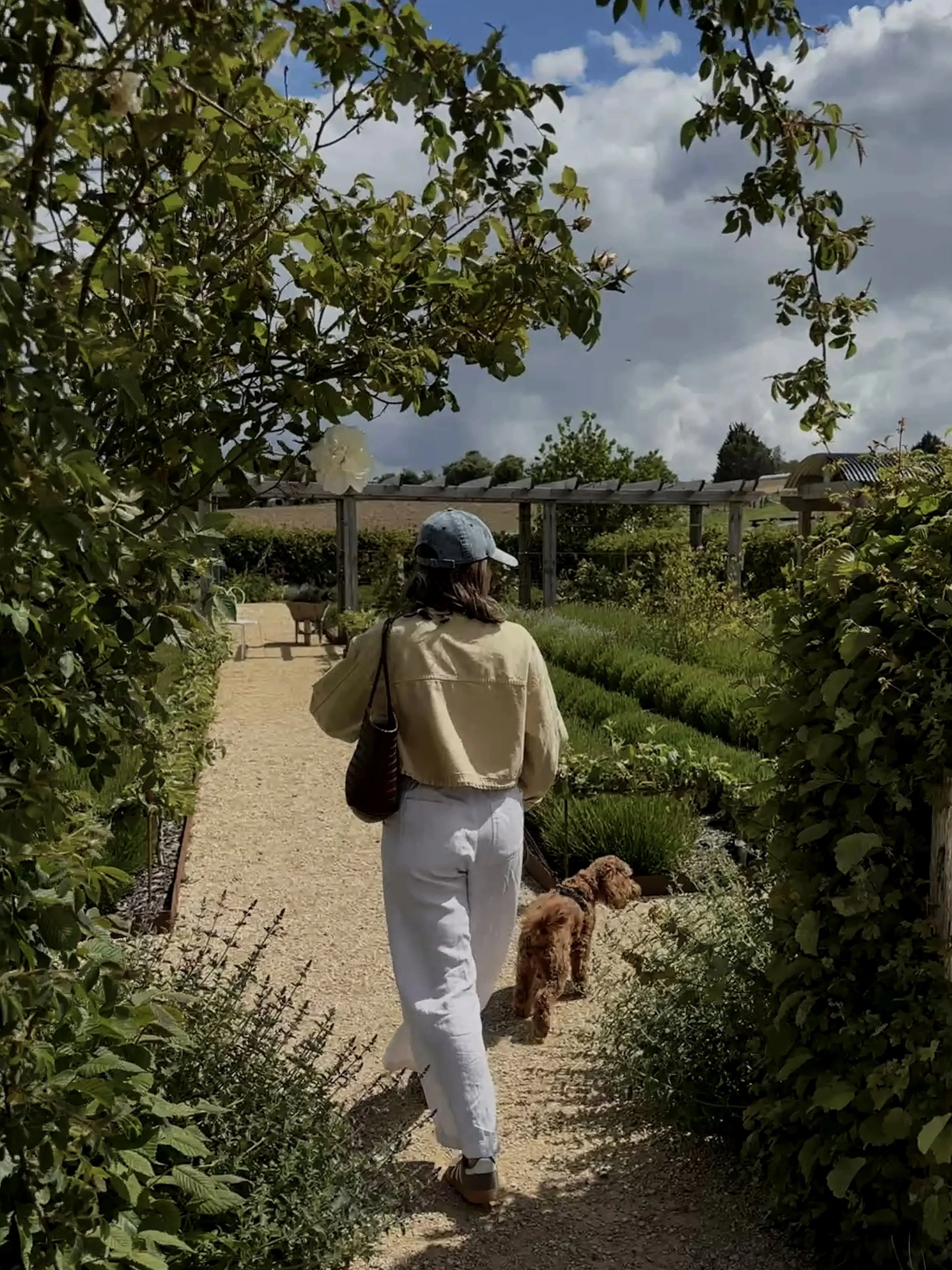 Woman walking her dog along a garden pathway, surrounded by lush greenery and flowering plants on a partly cloudy day.
