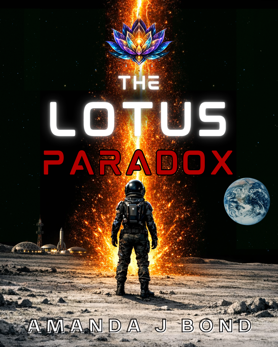 Book cover titled "The Lotus Paradox" by Amanda J Bond, featuring an astronaut standing on the lunar surface, a fiery explosion behind, a lotus flower at the top, and Earth in the background.