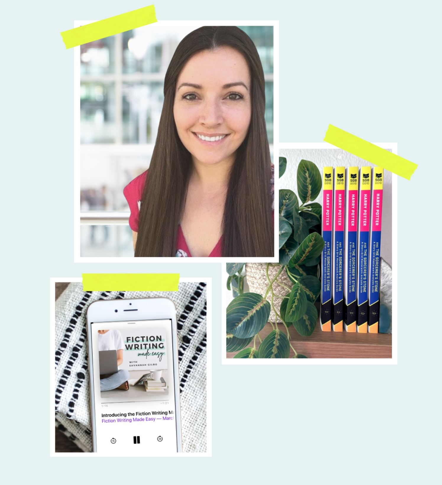 Collage of four images: a smiling woman with long brown hair in front of a modern building, a potted plant with large green leaves, a stack of five books titled 'Harry Potter', and a smartphone displaying an ebook about fiction writing resting on a woven cloth.