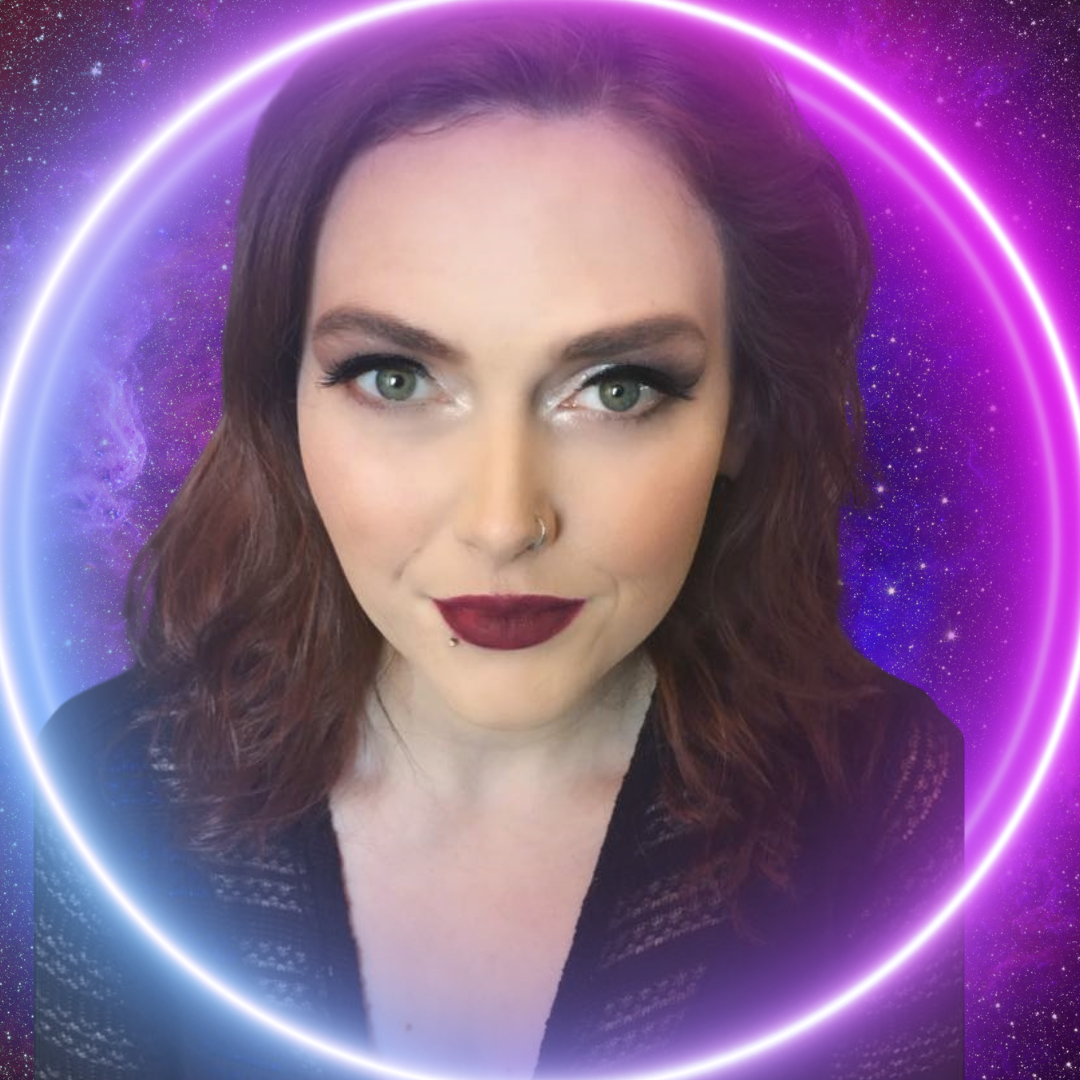 A woman with wavy auburn hair, green eyes, and makeup, including dark red lipstick and metallic eyeshadow, gazes at the camera. She has piercings on her nose and lower lip. The background features a cosmic scene with purple and blue nebulae, and a glowing neon circle framing her face.