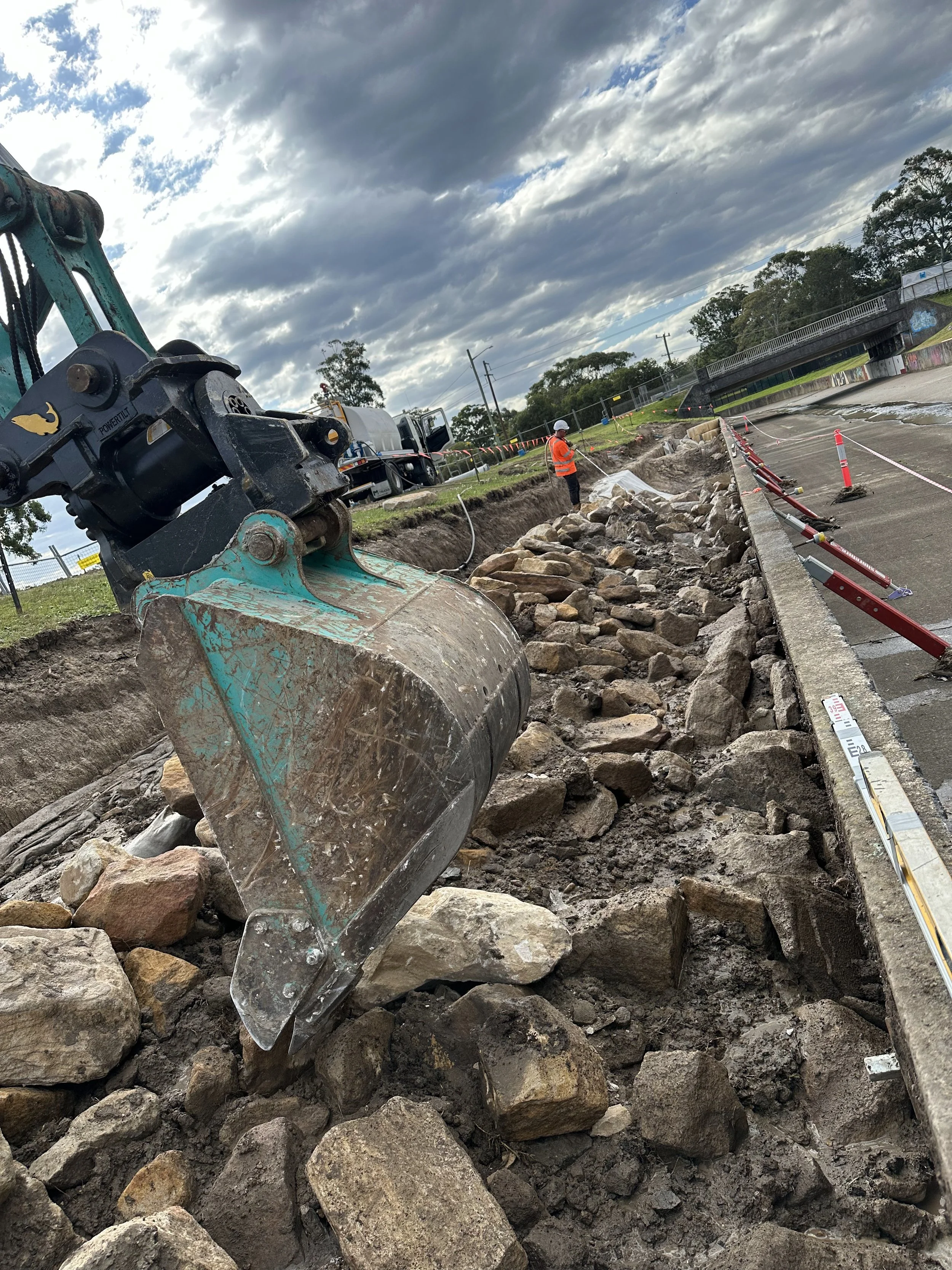 Drainage and stormwater installation including ag pipe, gravel, pits and pipework.