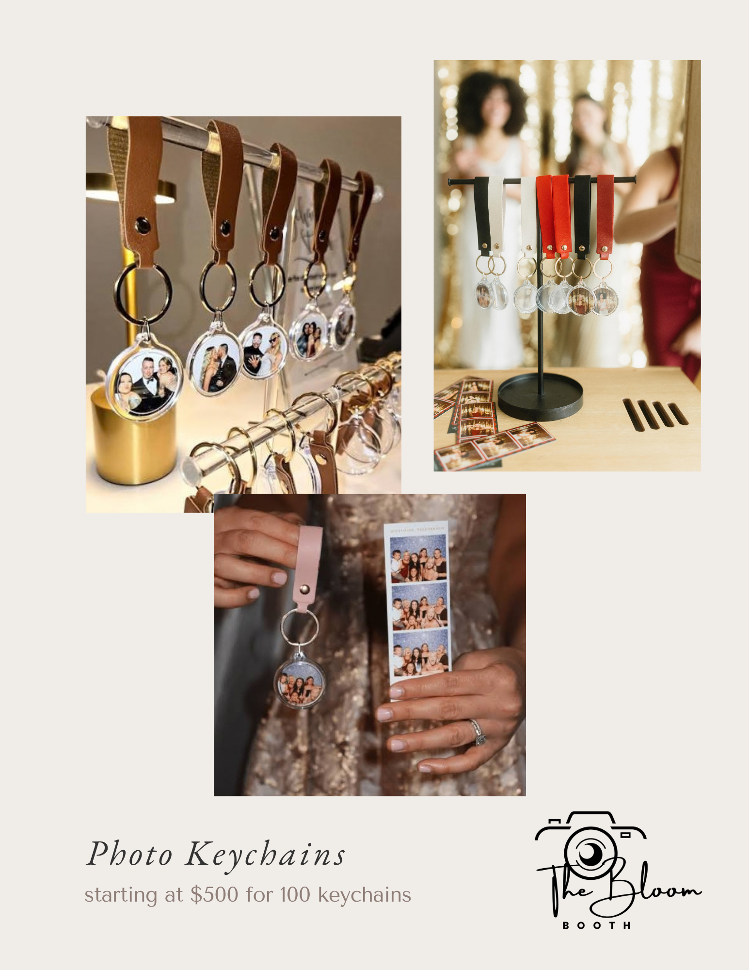 Poster advertising photo keychains at The Bloom Booth, starting at $500 for 100 keychains, with images of people on the keychains and a photo strip, set against a beige background.