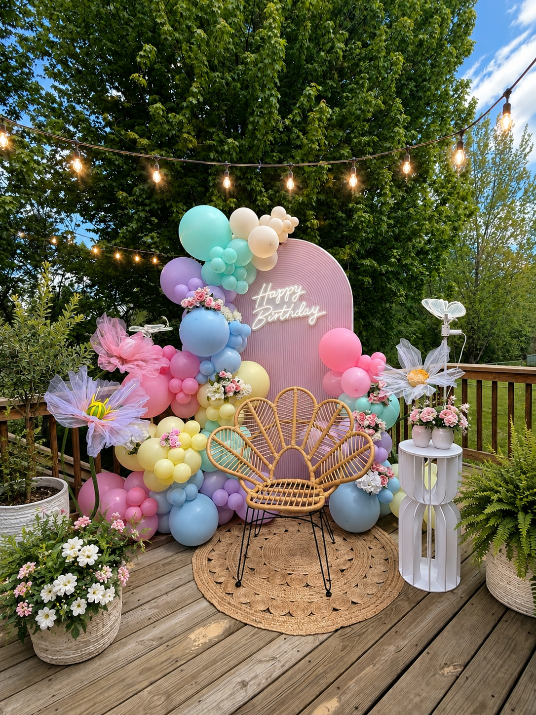 Outdoor birthday celebration setup with colorful balloons, floral arrangements, wicker chair, and glowing string lights. A pink backdrop features a neon sign that says "Happy Birthday."