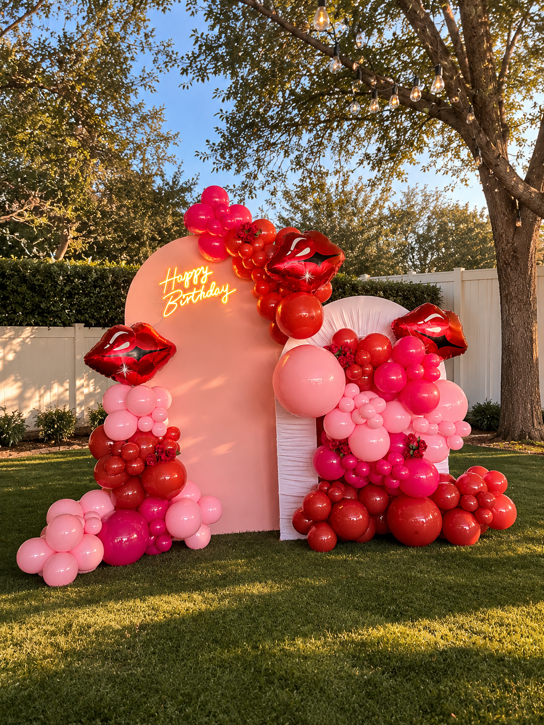 Outdoor birthday party decoration with balloon arrangements in shades of pink and red, featuring lips-shaped balloons, a pink backdrop with a neon 'Happy Birthday' sign, set in a backyard with green grass, trees, and string lights overhead.
