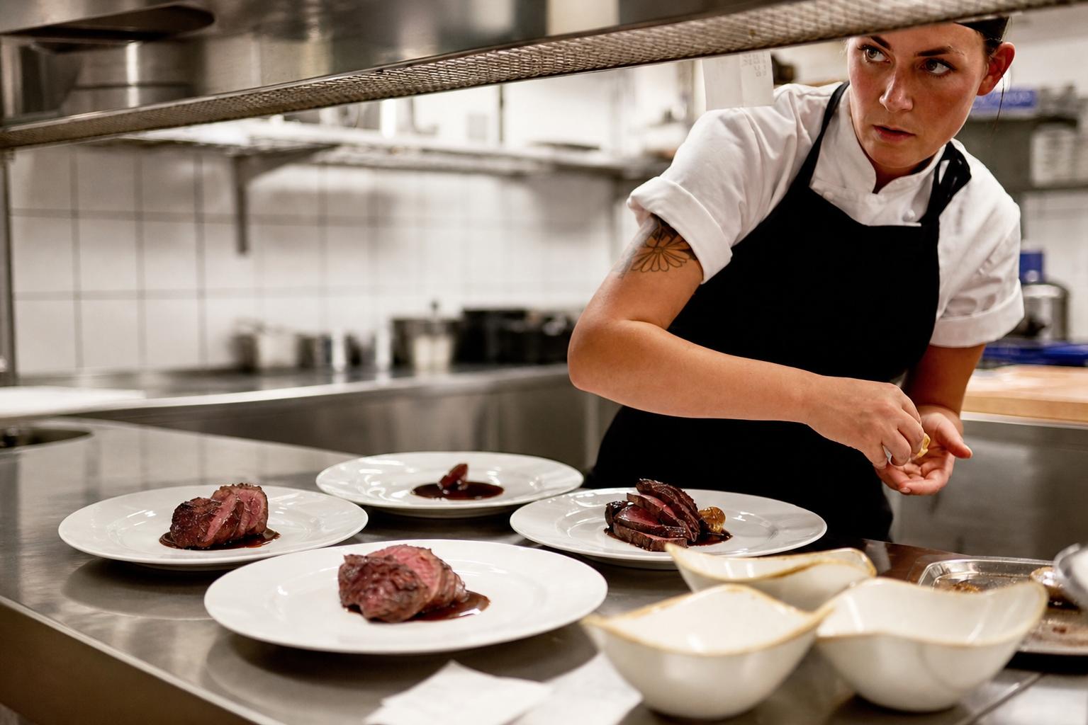 En kock arrangerar röd-rosa stekta köttbitar på en vit tallrik i ett kök, flera andra liknande tallrikar med kött är på ett bord.