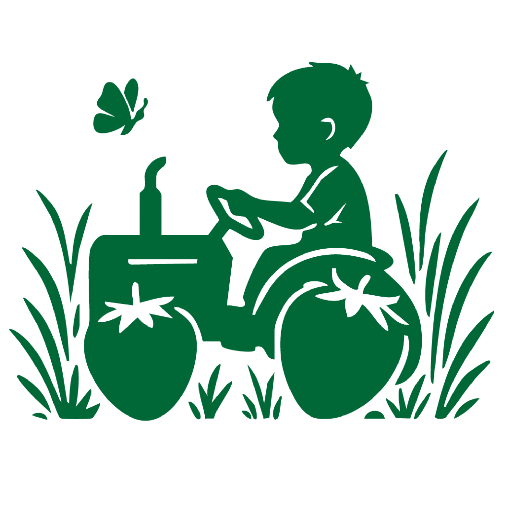 Silhouette of a child sitting on a tractor in the grass, looking at a butterfly. The tractor tires are designed to look like strawberries