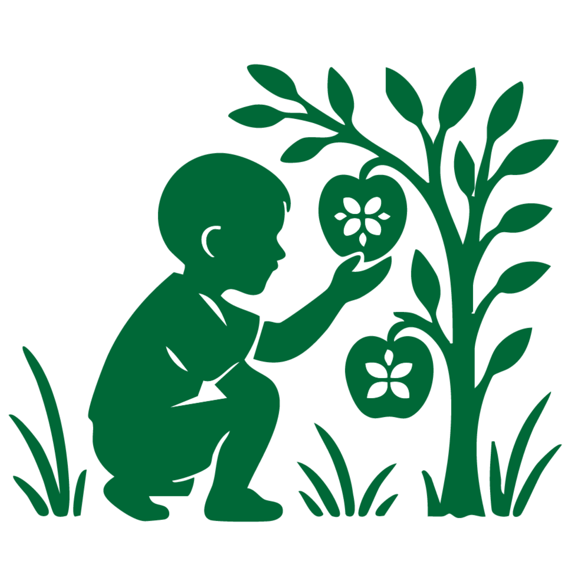 Green silhouette of a little boy picking apples off of an apple tree, featuring leaves and flowers.
