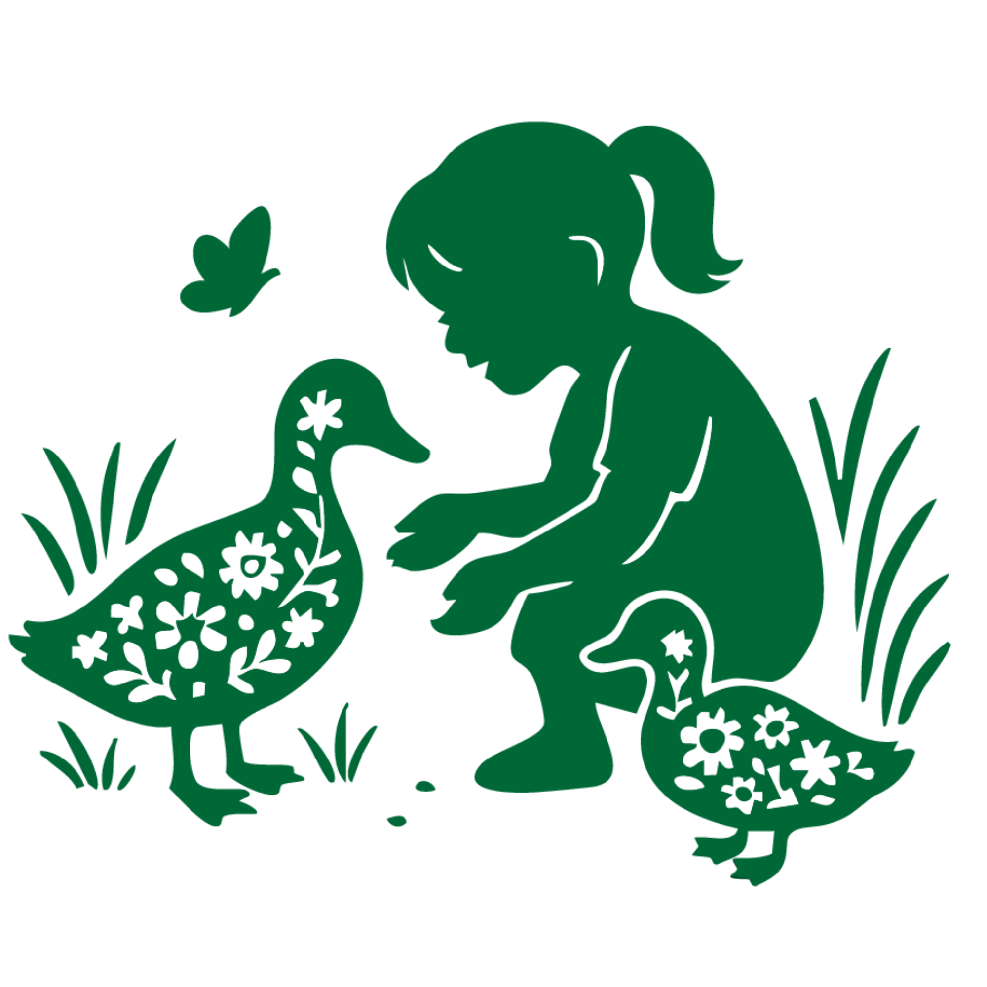 A silhouette of a young girl kneeling in grass and feeding ducks.
