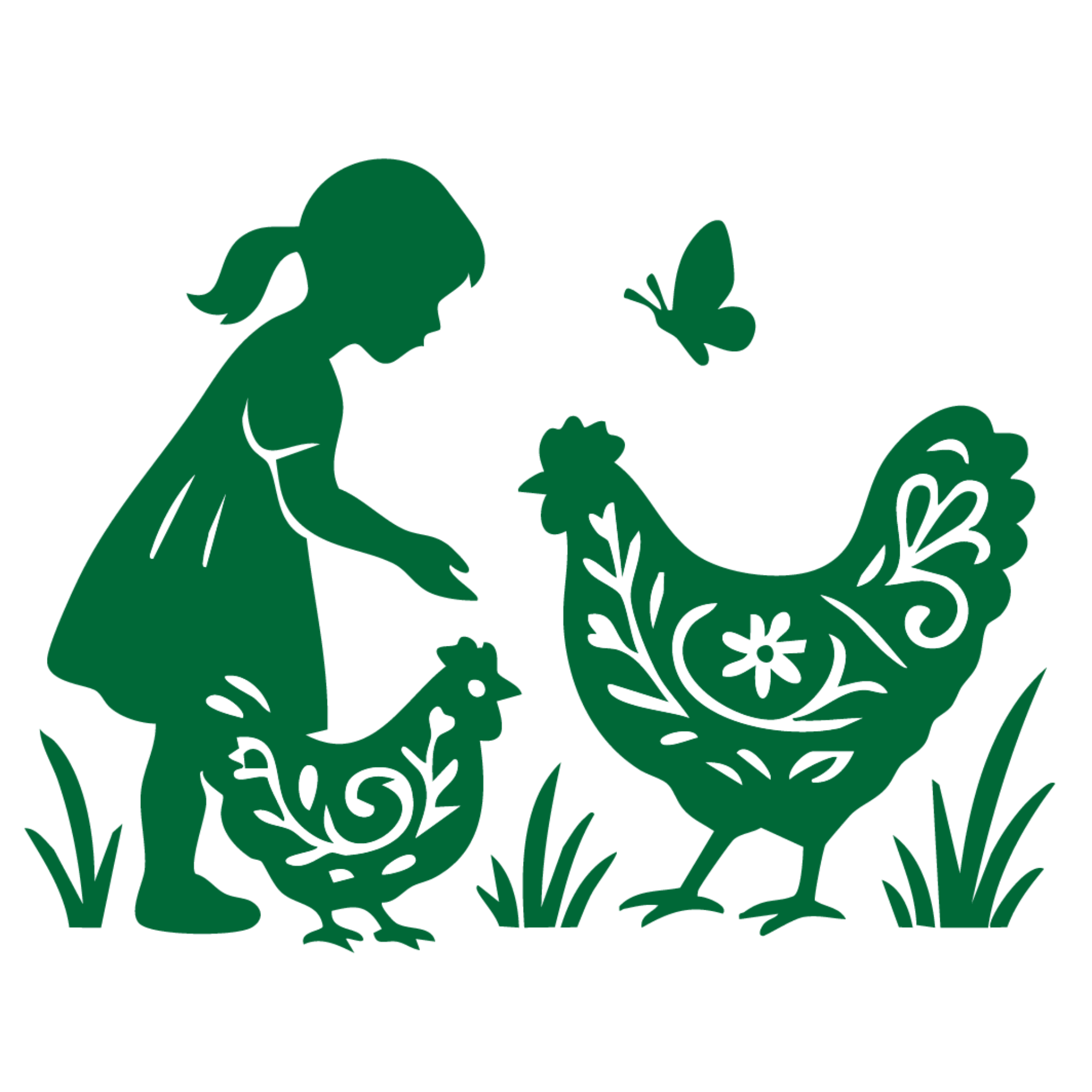Silhouette of a girl with a ponytail feeding chickens.