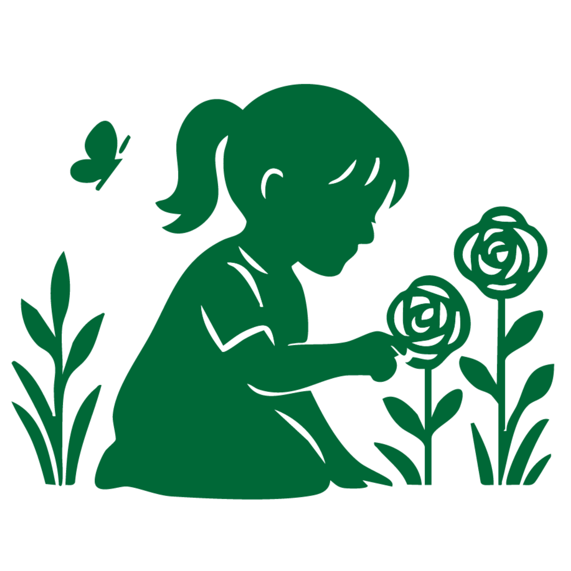 A silhouette of a girl with a ponytail picking flowers in a garden.
