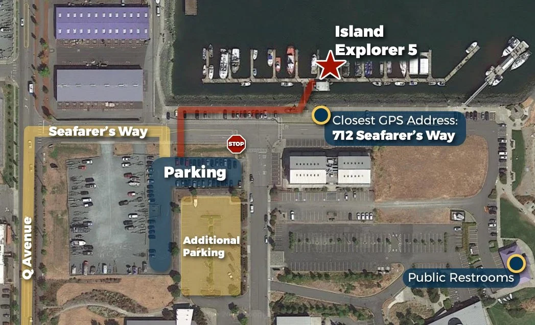 Map showing the location of Island Explorer 5 at 712 Seafarer's Way, with nearby parking areas, public restrooms, and the closest GPS address.