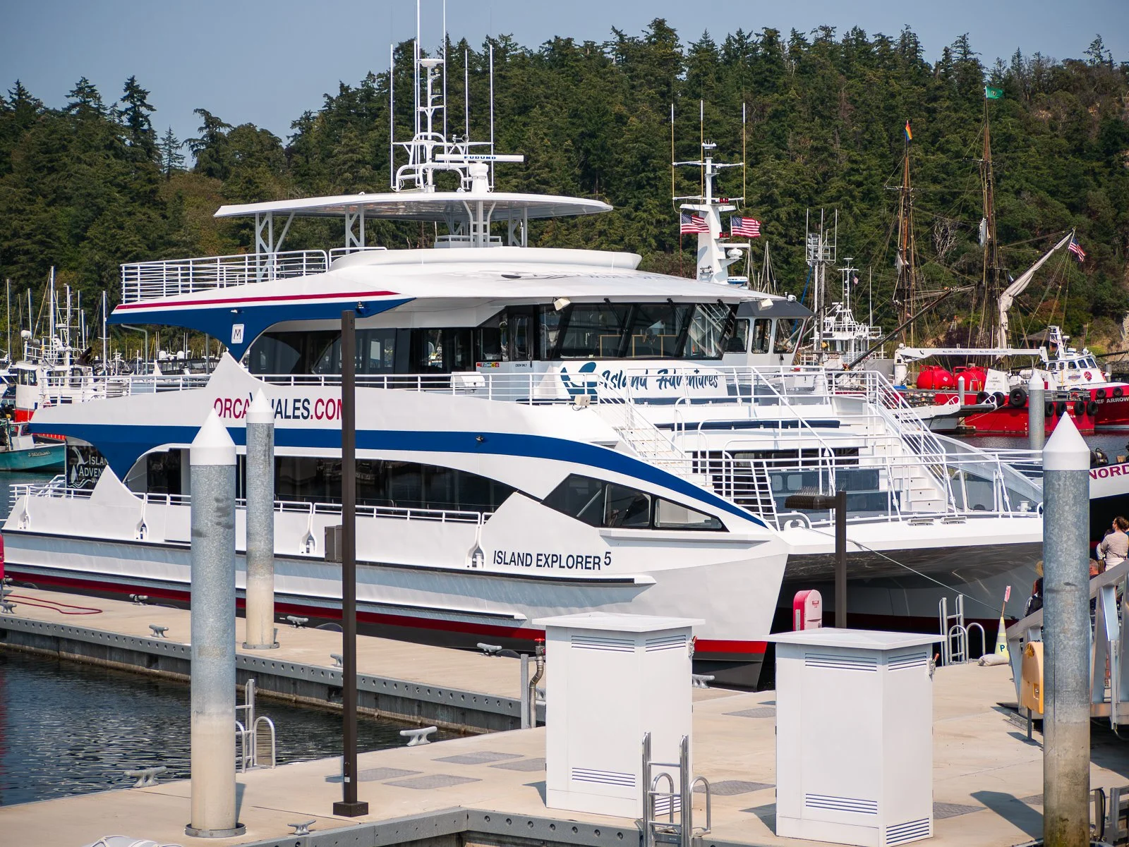 A large white and blue sightseeing boat docked at a marina, with smaller boats and a forested hillside in the background.