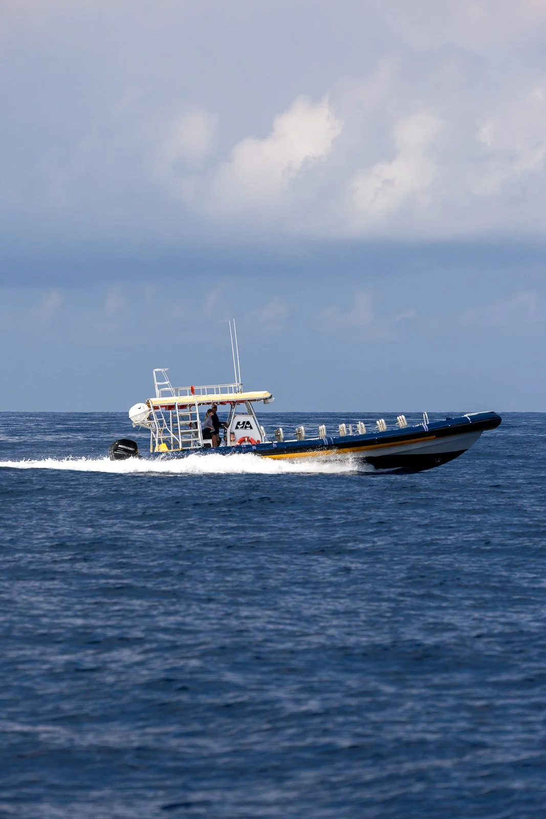 A motorboat with a canopy and multiple fishing rod holders moving fast across the ocean under a partly cloudy sky.