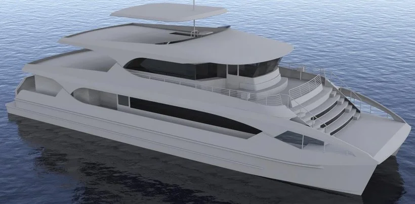 A modern white yacht with multiple decks on calm water.