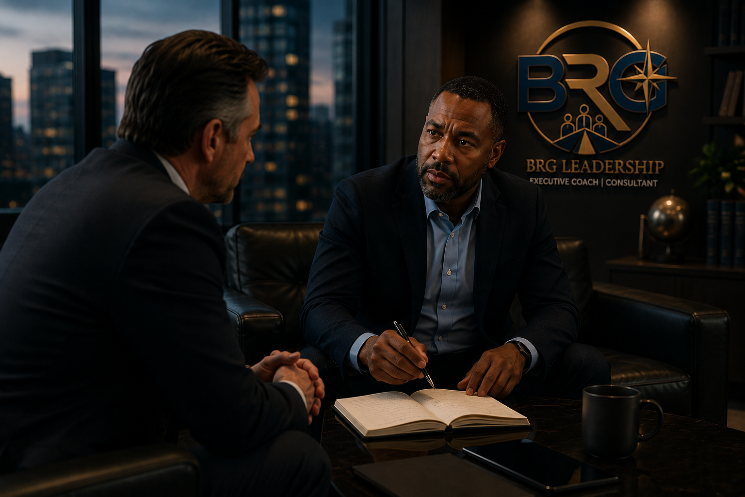 Two men engaged in a serious conversation in an office. One man is holding a pen over an open notebook. The office has a city view at sunset and a logo on the wall that reads 'BRG Leadership' with the subtitle 'Executive Coach | Consultant'.