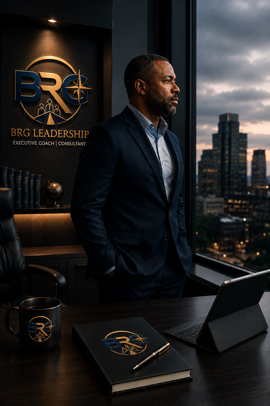 A man in a navy suit stands by a large window in an office, looking out at a cityscape during sunset. Behind him is a logo that reads 'BRG Leadership' with the subtitle 'Executive Coach | Consultant'. The desk in front of him holds a mug with the same logo, a closed notebook with the logo, a pen, and a tablet.