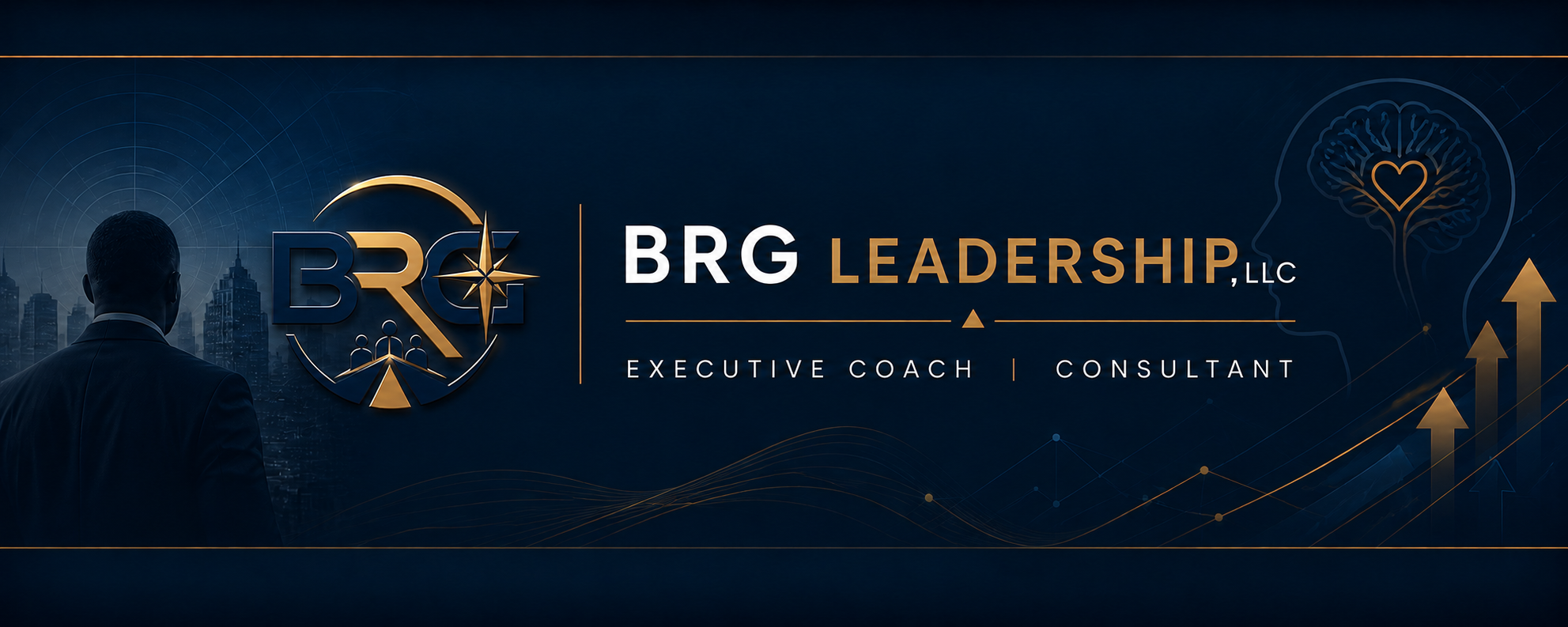 Business professional looking at a city skyline with the logo 'BRG Leadership, LLC'; text indicates they are an executive coach and consultant, with graphic elements like arrows and a brain with a heart in it.