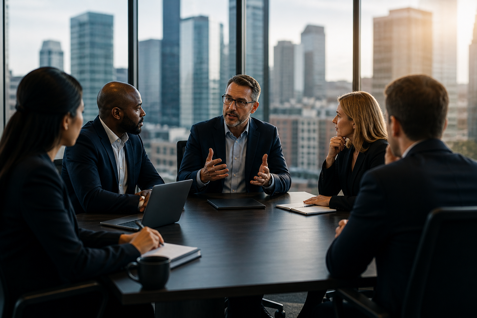 A diverse group of five business professionals having a meeting in a high-rise office with large windows showing a city skyline at sunset.