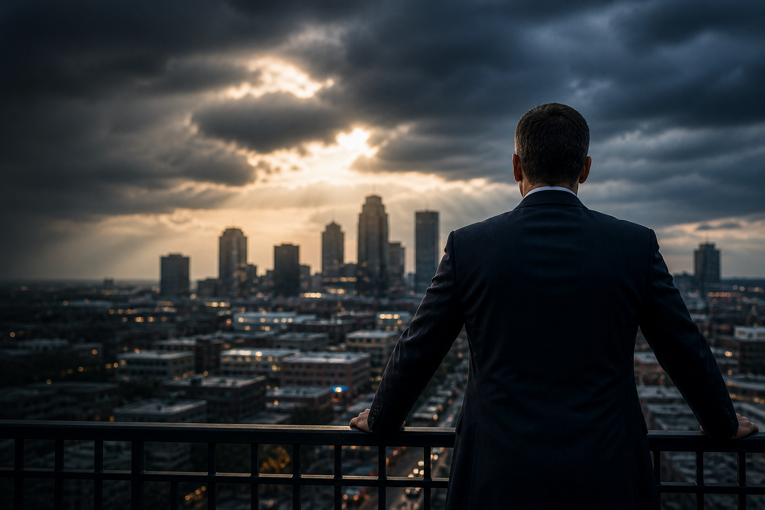 A man in a dark suit standing on a balcony overlooking a city skyline during sunset with dark clouds overhead.