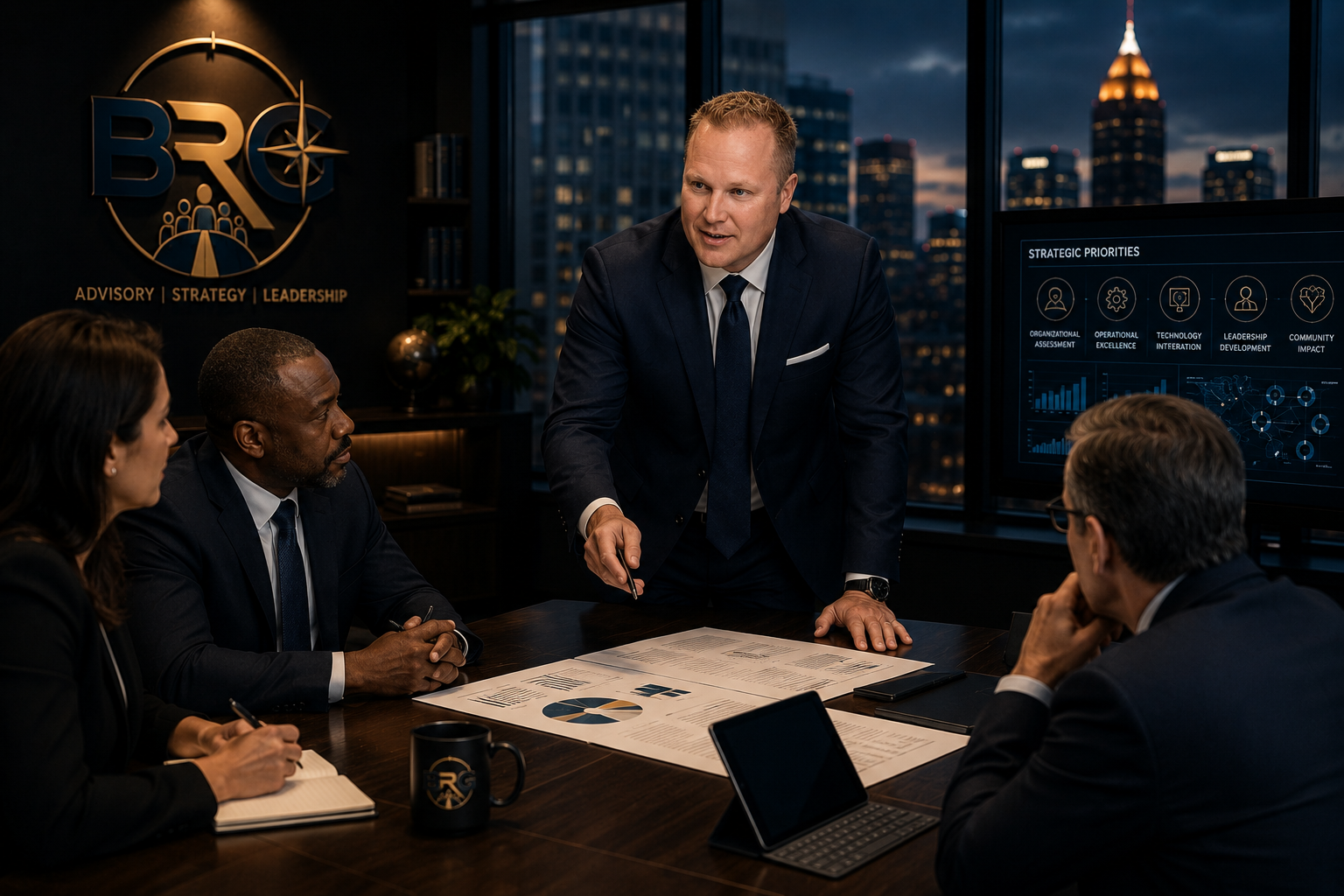 Business professionals in a meeting room with a city skyline at night, a man standing and speaking, others seated around a table with documents and a tablet, a large screen displaying strategic priorities.