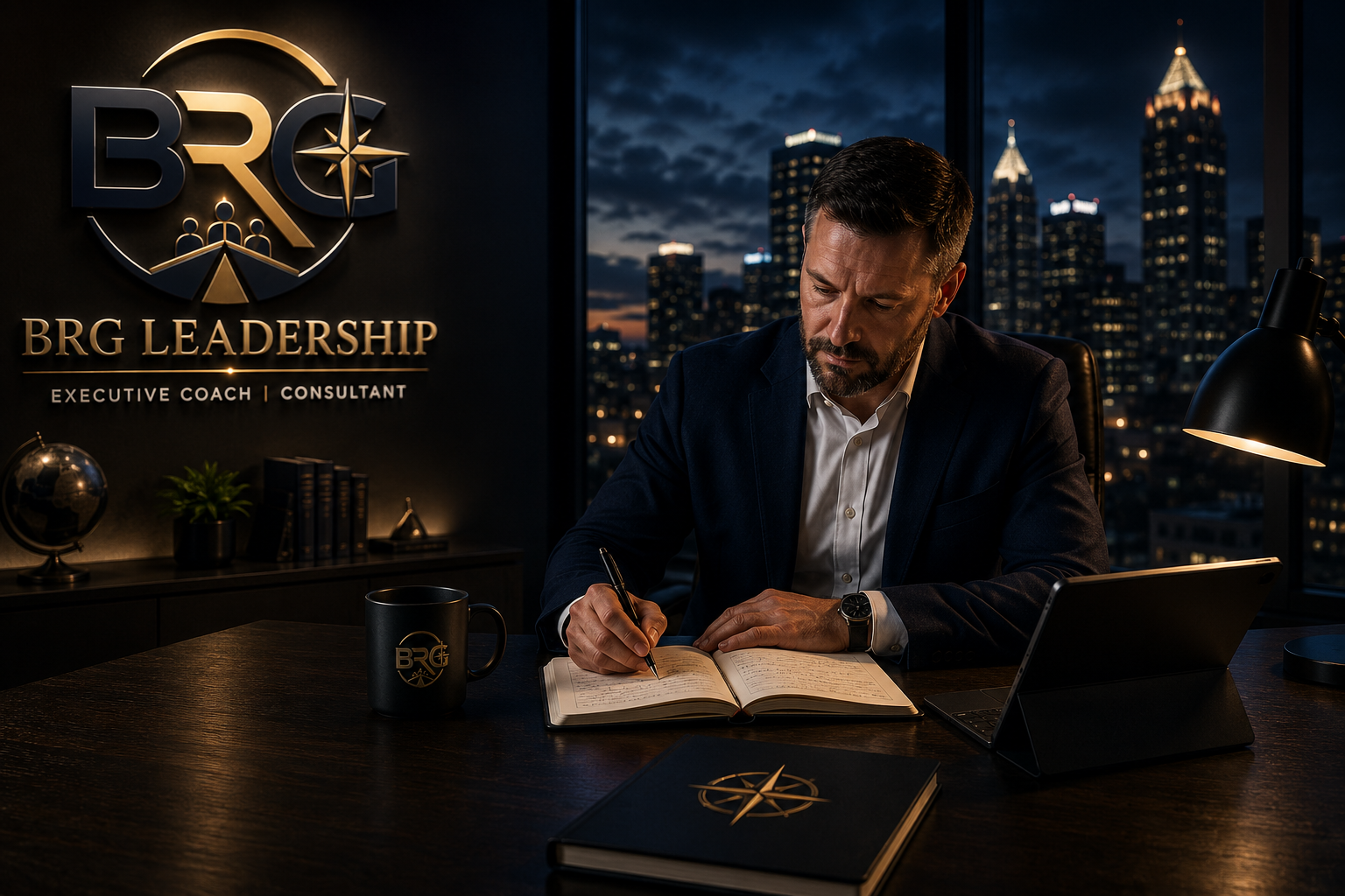 A man sitting at a desk in a high-rise office at night, writing in a notebook. The office has a city skyline view, and there's a large sign on the wall that reads 'BRG Leadership, Executive Coach | Consultant' with a logo. The desk has a coffee mug, a laptop, and a closed notebook with a compass symbol on the cover.