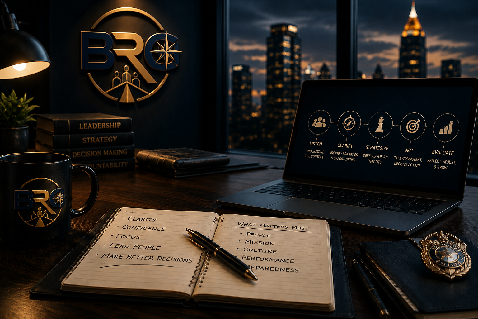 A dark wooden desk with a laptop displaying a strategy process, a notebook with handwritten notes, a coffee mug and CEO badge, a stack of black books titled Leadership, Strategy, Decision Making, Accountability, a badge, and a coffee pot. The window behind shows a city skyline at dusk.