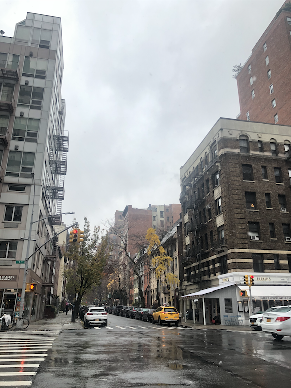 An empty, rainy street in Gabriella’s neighborhood
