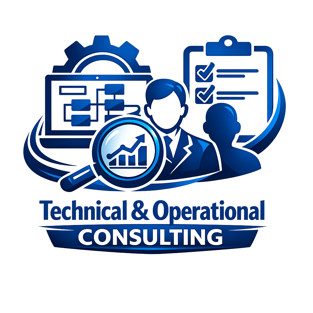 Illustration of business analysis and planning, featuring a person with a magnifying glass showing an upward growth graph, accompanied by checklists and charts, representing technical and operational consulting services.