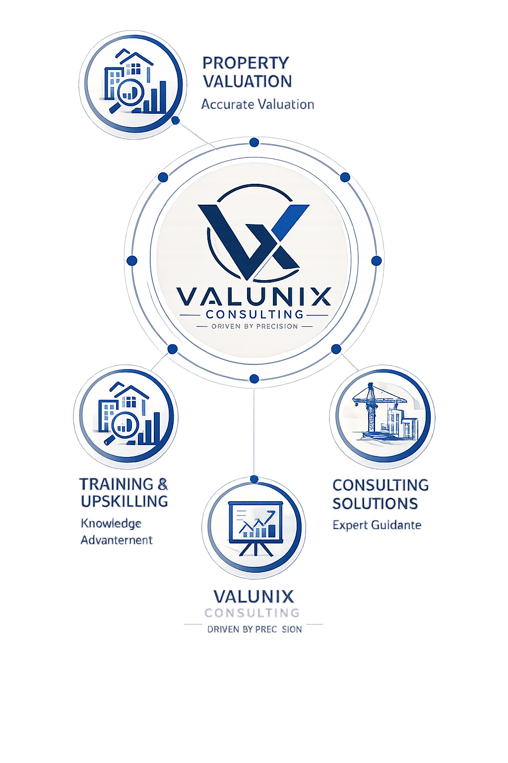 Logo of Valunix Consulting with three sections: Property Valuation, Training & Upskilling, and Consulting Solutions.