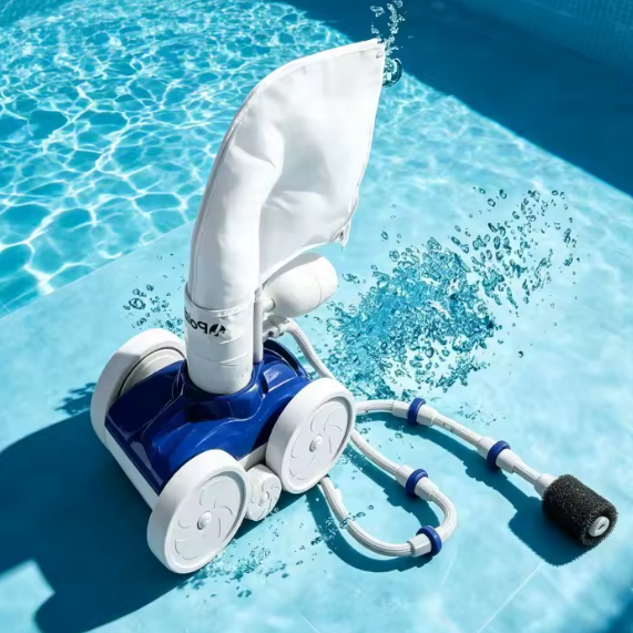 Robotic pool cleaner on pool deck with water spray and connected hoses.