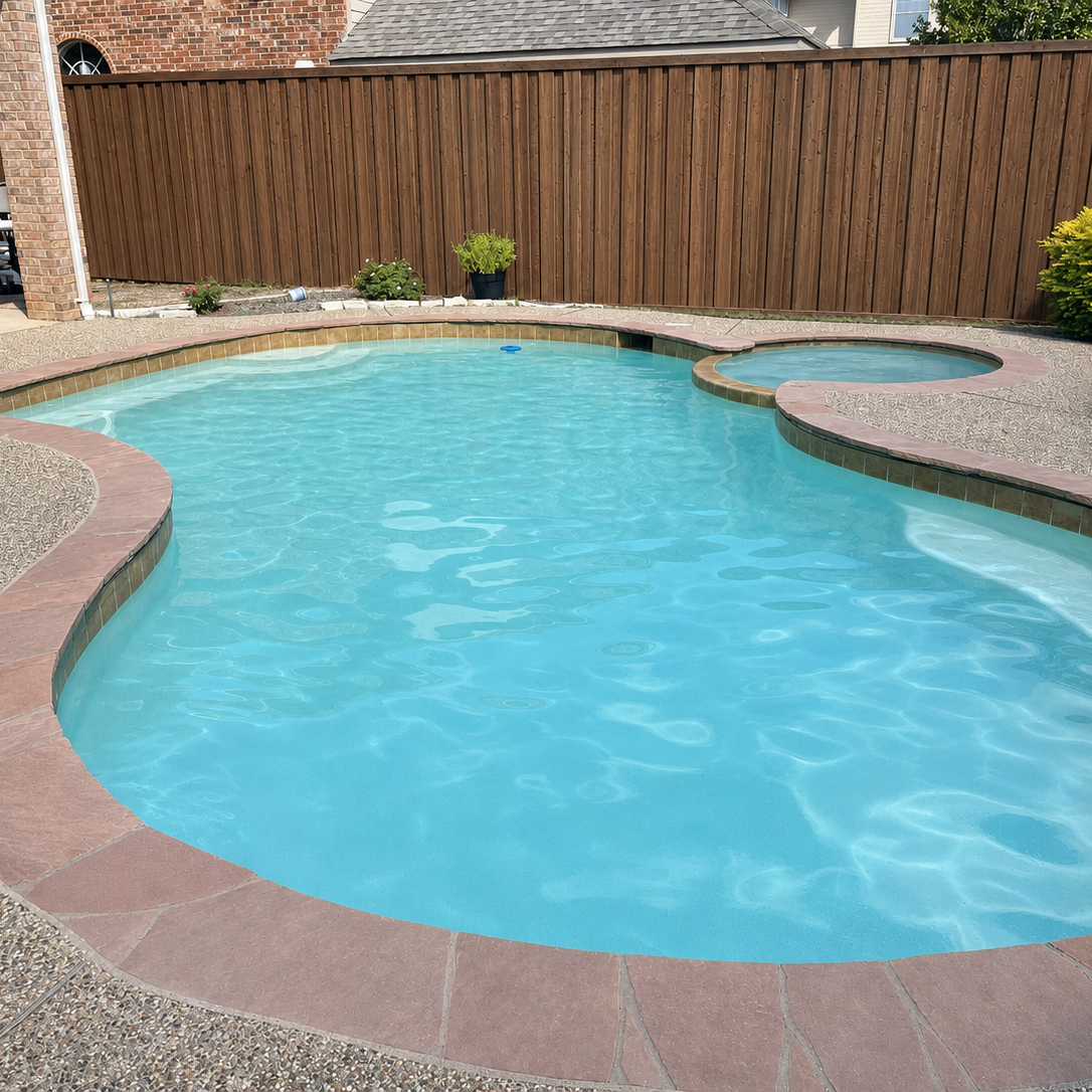 A backyard swimming pool with light blue water, surrounded by a concrete and tile deck, enclosed by a wooden fence.