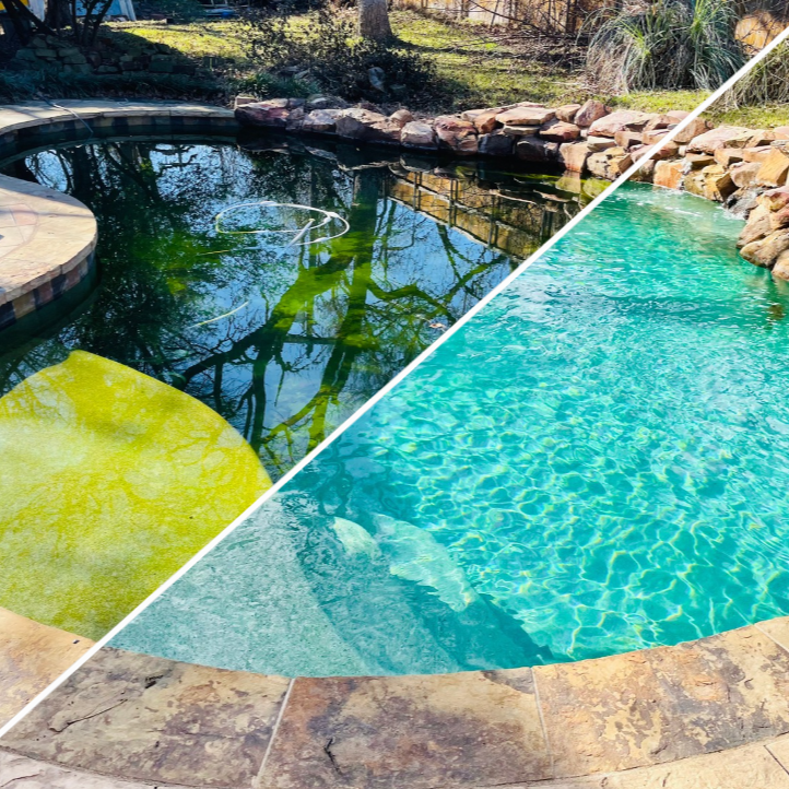 Comparison of a dirty, algae-covered pool on the left and a clean, clear pool on the right.
