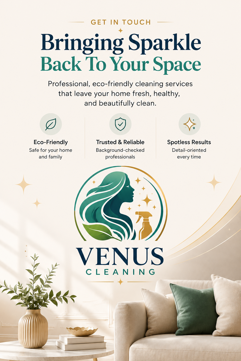 Poster advertising Venus Cleaning services featuring text about eco-friendly, trusted, and spotless cleaning with a logo of a woman with flowing hair and a spray bottle, surrounded by a living room decor including a plant, bowl, and cushions.