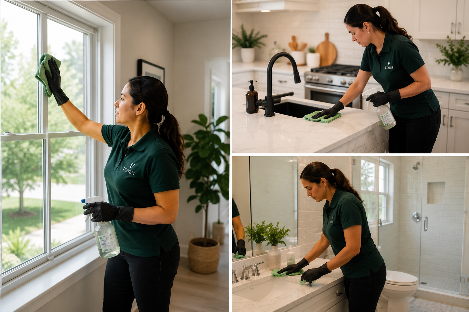 Woman cleaning windows, kitchen countertops, and bathroom sink while wearing black gloves and holding cleaning spray bottles, in a home setting.