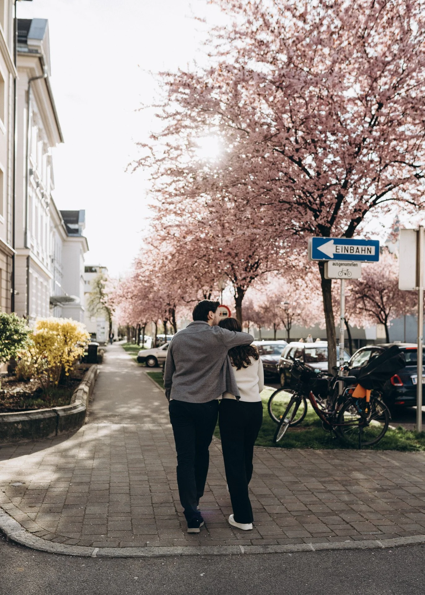 Urbane Frühlingsromantik: Ein glückliches Paar spaziert auf einem Gehweg unter blühenden Kirschbäumen im warmen Licht des Sonnenuntergangs – festgehalten bei einem Outdoor-Fotoshooting in Klagenfurt.
