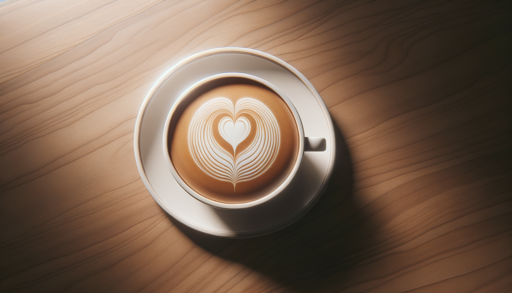 Top view of a white coffee cup with latte art heart design on frothy coffee, placed on a light wood surface.