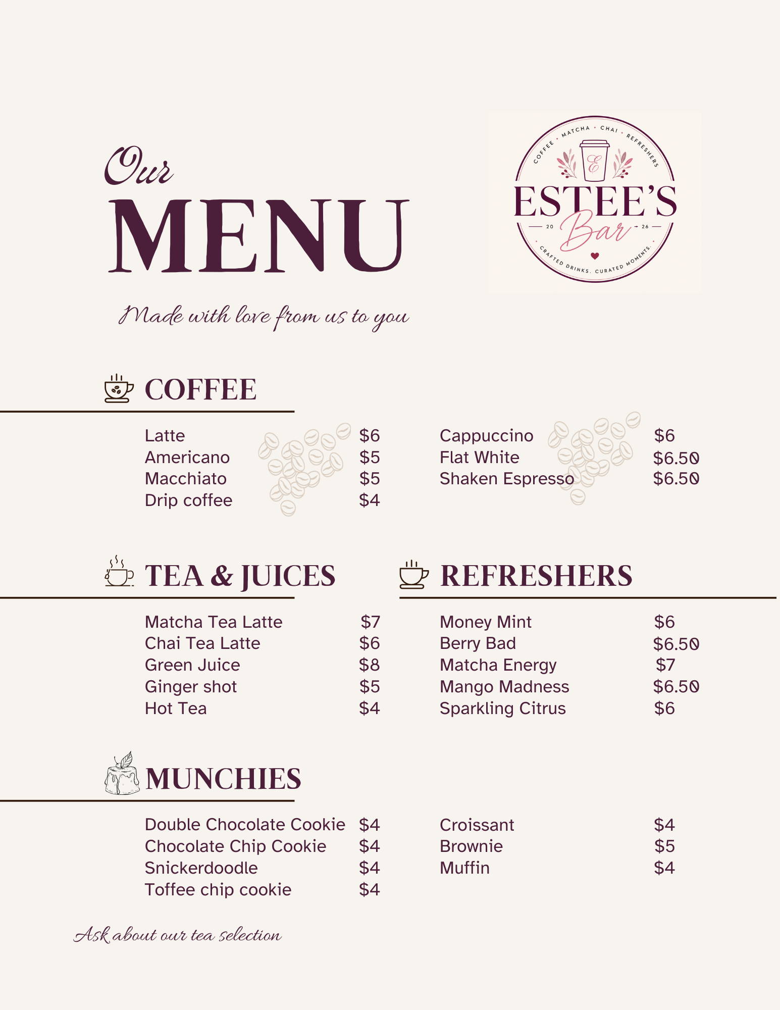 A menu from Estee's Bar featuring coffee, tea, juices, and munchies, with items and prices listed, and decorative coffee bean illustrations.