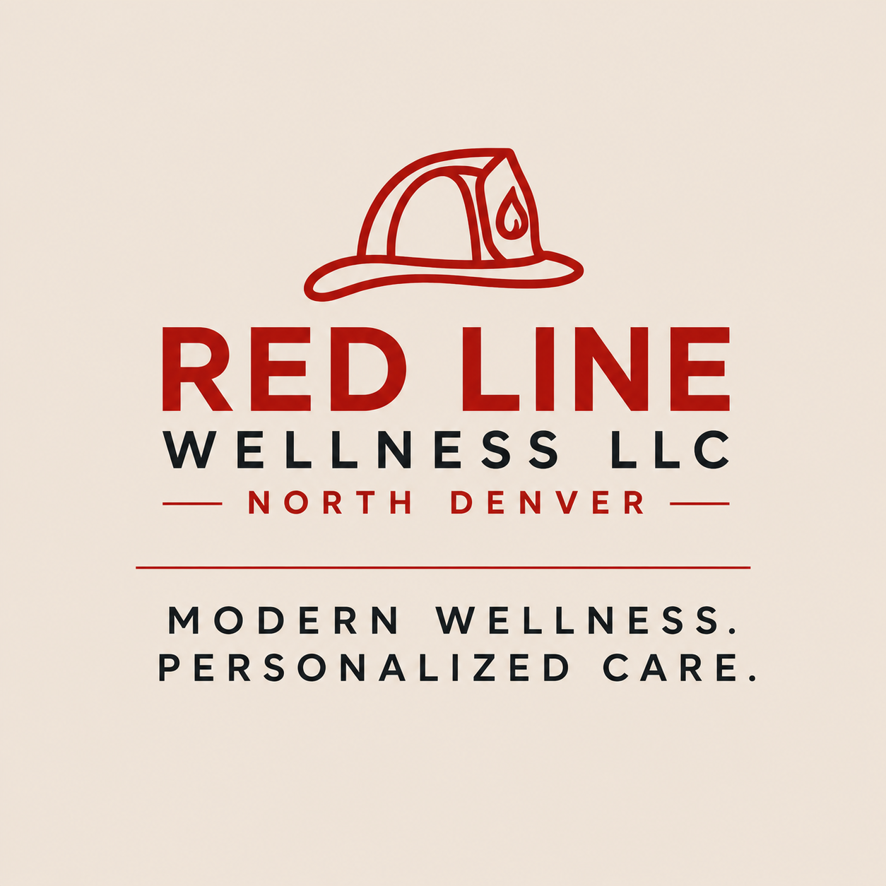 Logo for Red Line Wellness LLC featuring a red firefighter helmet with a drop of water, with text indicating the business is located in North Denver, emphasizing modern, personalized wellness care. Focused on TRT, hormone replacement.