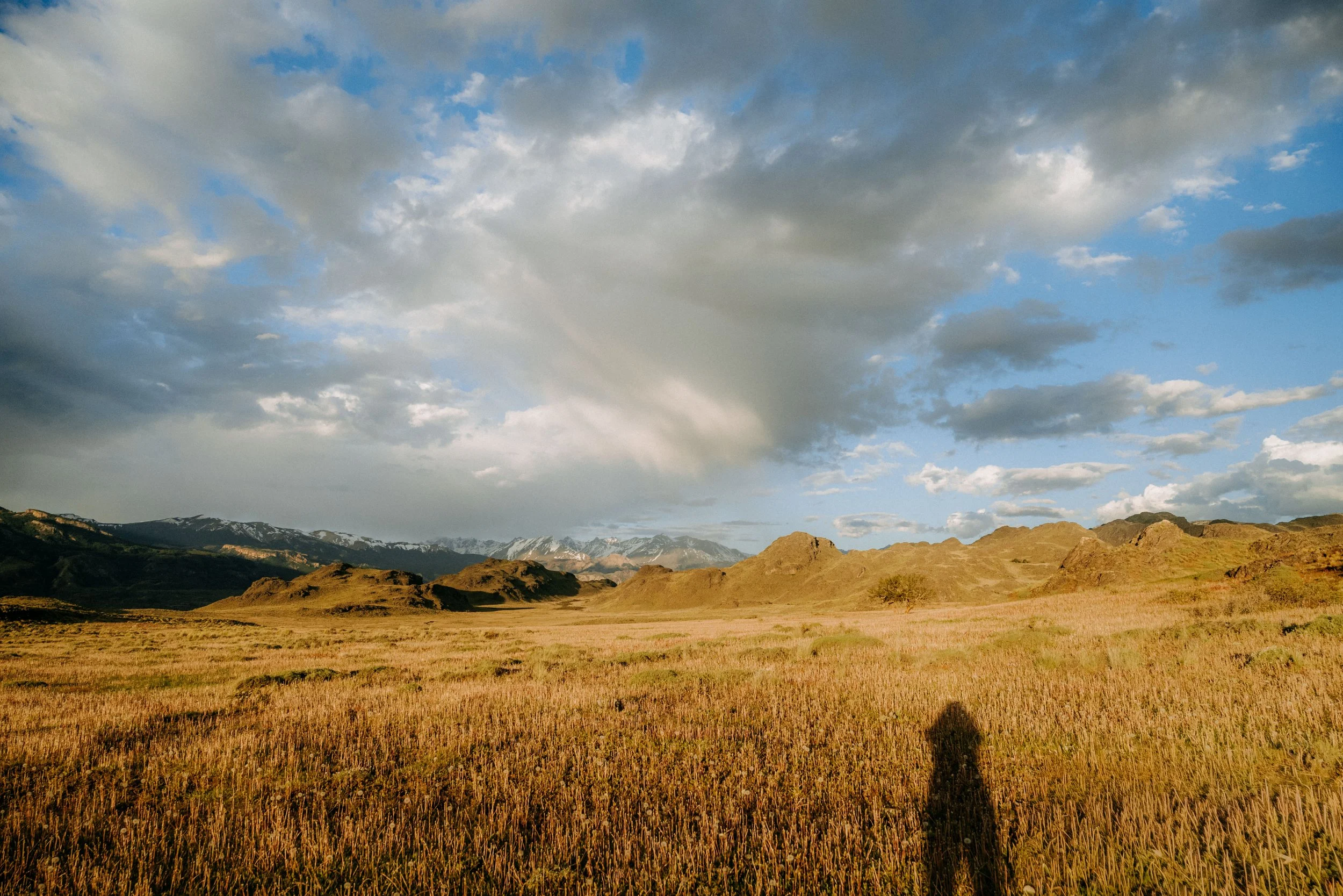Open landscape with grassy plains, rolling hills, distant mountains with snow, and a partly cloudy sky.