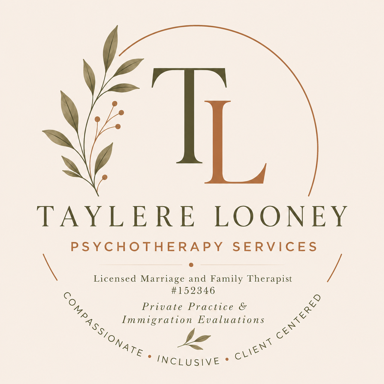 Business card for Taylere Looney Psychotherapy Services, with a floral design and contact information