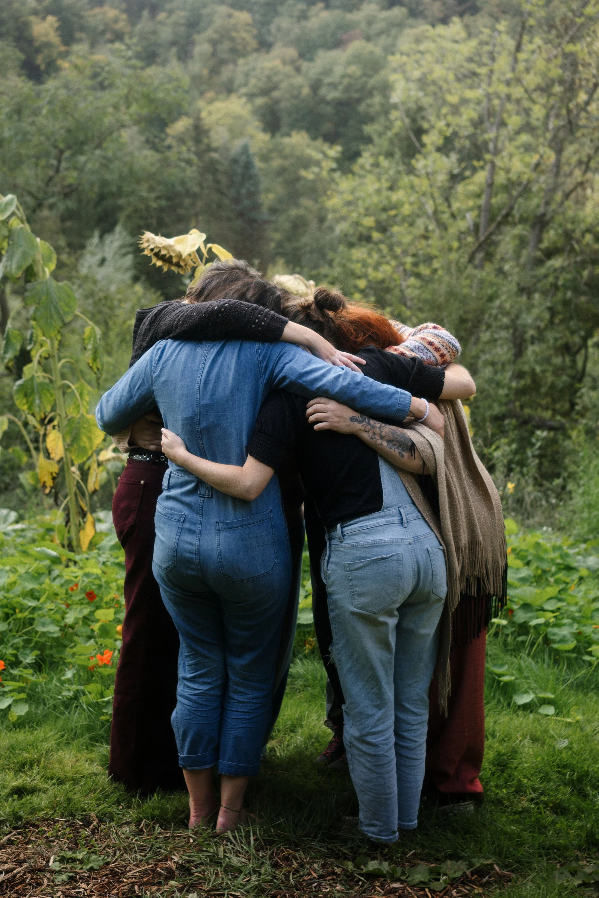 Groupe de personnes rassemblées en cercle, embrassant dans un environnement naturel verdoyant.