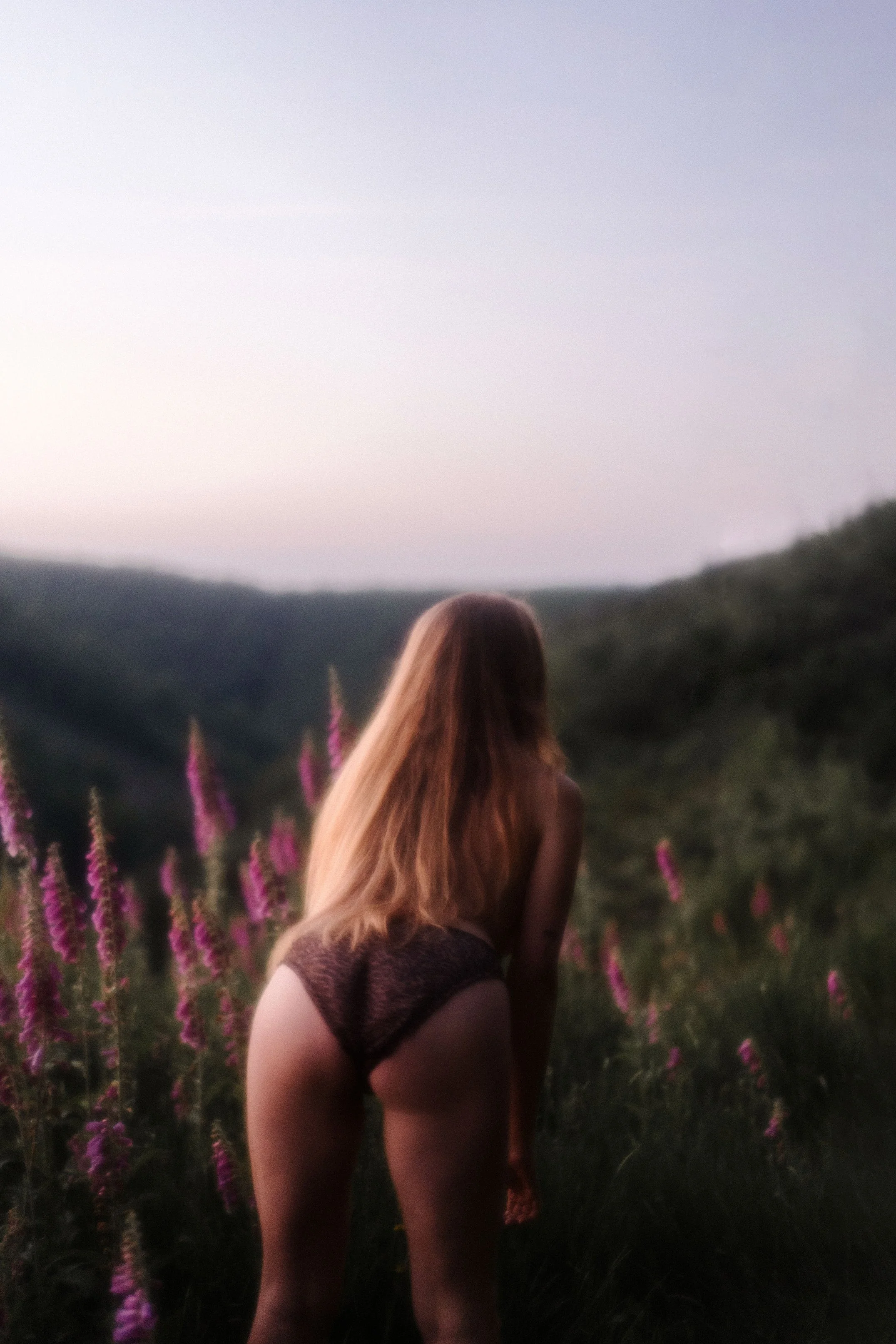Une femme avec de longs cheveux roux, robe en dentelle, assise dans un champ de fleurs violettes au coucher du soleil, paysage de montagnes en arrière-plan.
