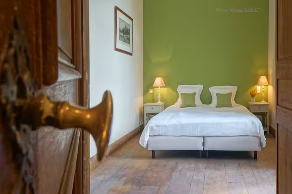 Vue de la chambre avec un lit blanc, deux lampes de chevet, deux coussins verts, une peinture sur le mur et un parquet en bois.