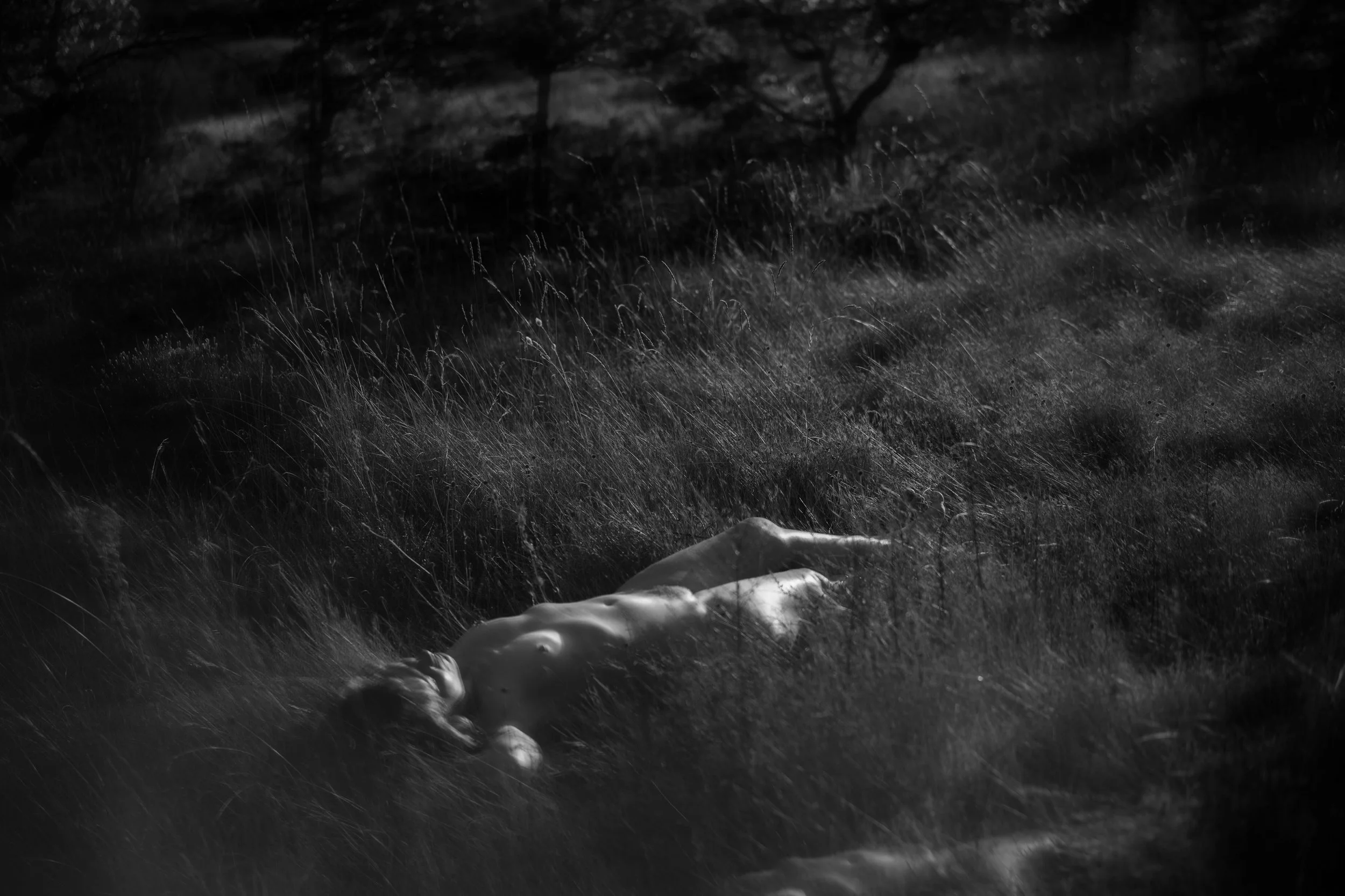 Corps d'une personne allongée dans l'herbe, photo en noir et blanc.
