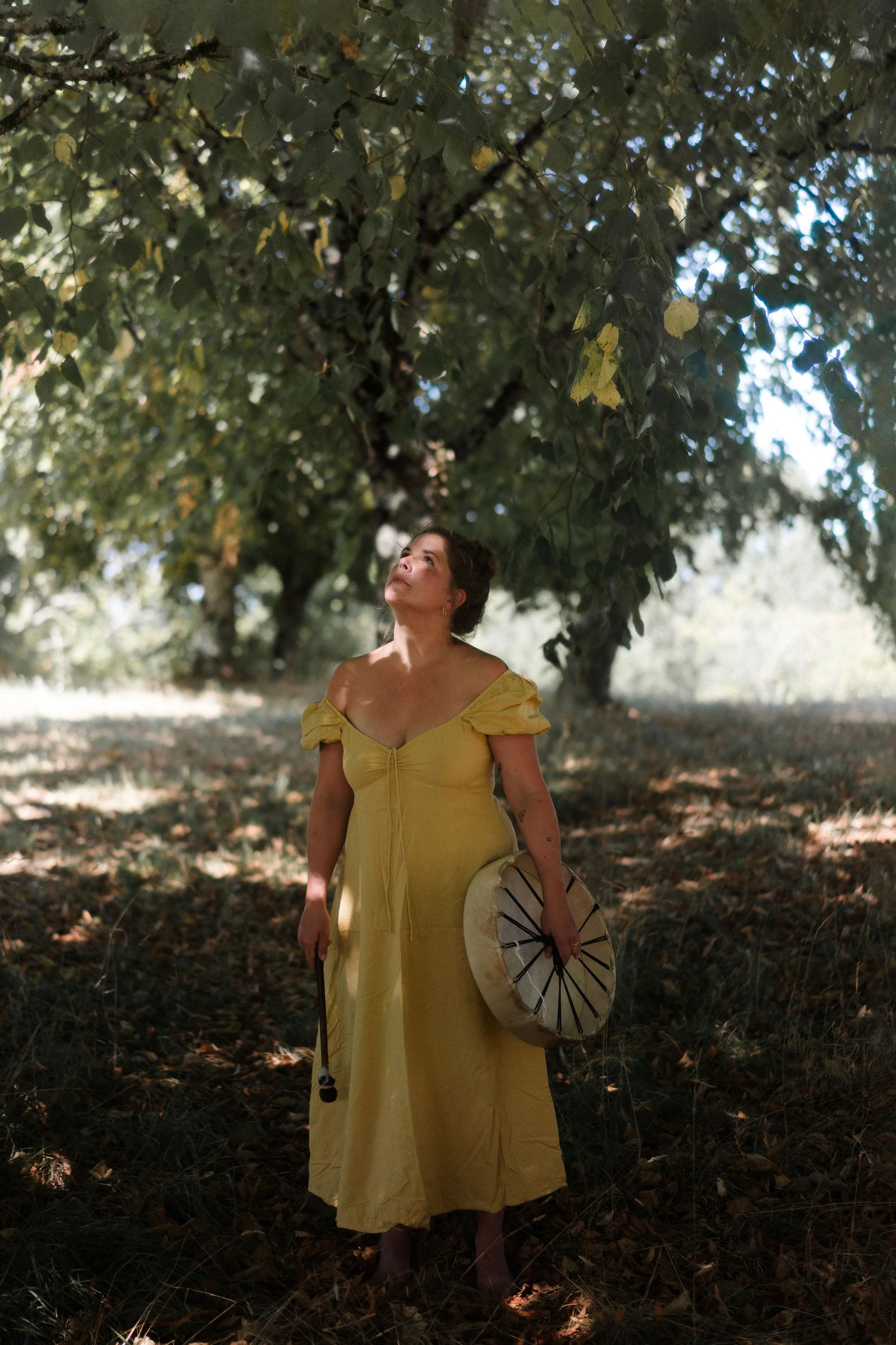 Femme portant une robe jaune, tenant un parasol, debout sous un arbre dans une forêt ensoleillée.