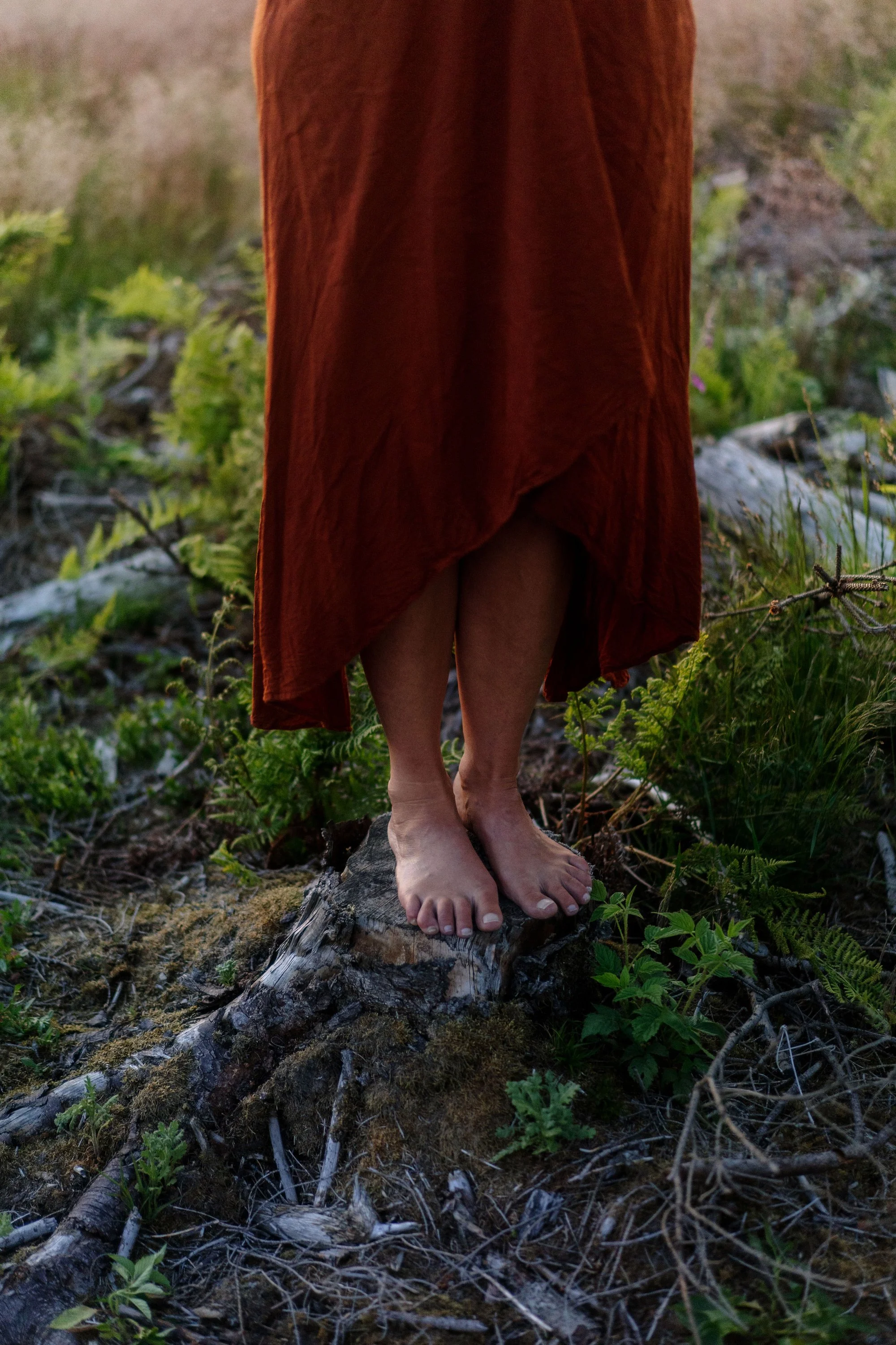 Les pieds d'une personne debout sur un tronc d'arbre dans une forêt, portant une longue robe brune
