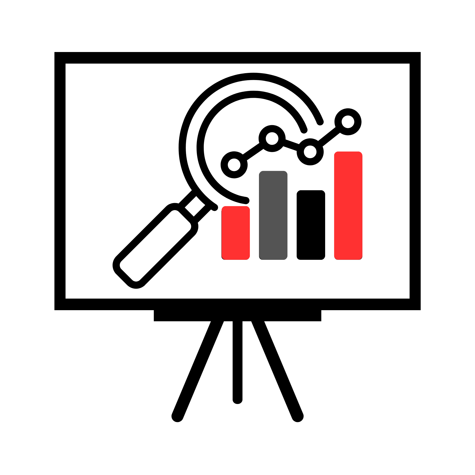 A presentation chart with a magnifying glass overlay, showing a line graph and bar graph.
